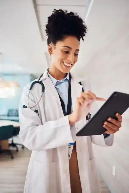 black-woman--tablet-and-doctor-online-for-medical-research--results
